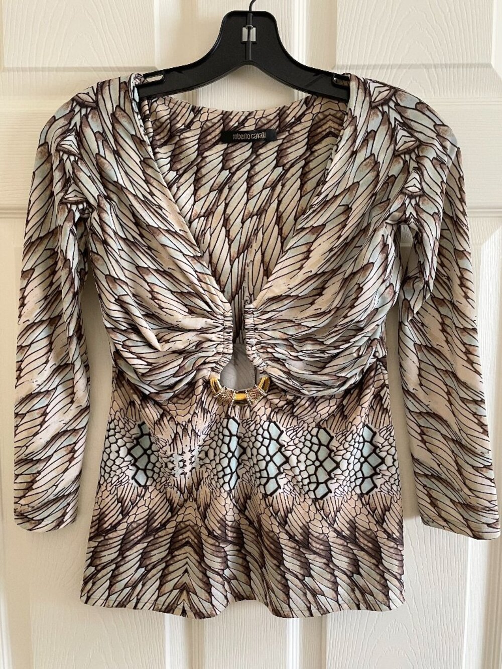 Roberto Cavalli Snake Feather Print V Neck Gold Tone Ring Hardware Top
